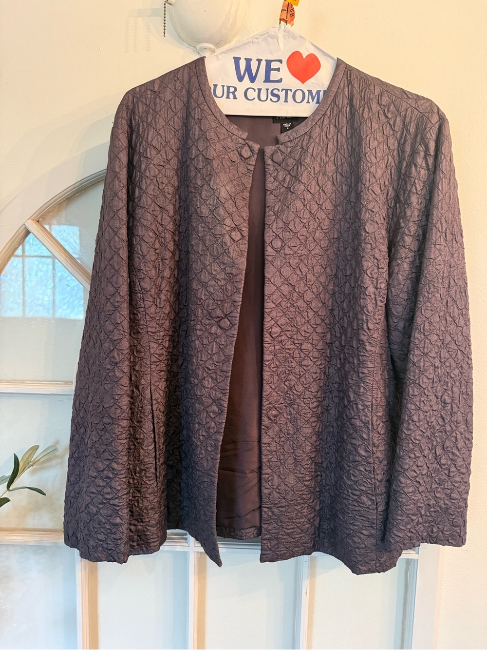 Eileen Fisher Plum Purple Quilted Crinkle Texture open front jacket Cardigan